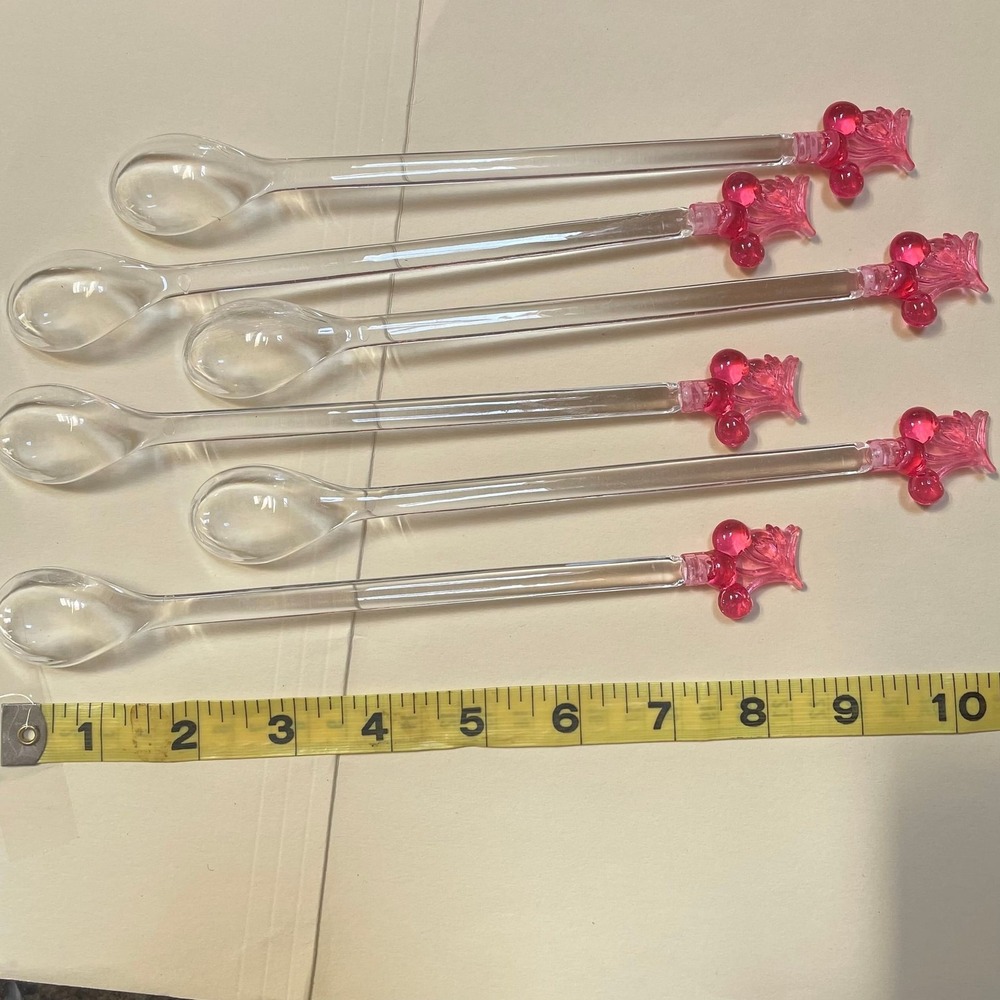 Vintage Plastic Cherry Top Swizzle Spoons‎ Stir Sticks Set of 6 – 8"